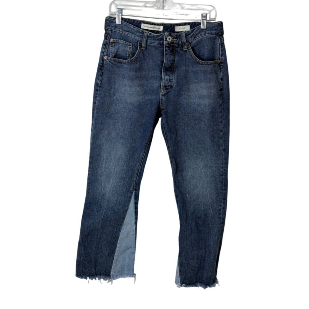 Pilcro The Letterpress High-Waist Blue Jeans Flare Leg Crop Frayed-Hem Size 28